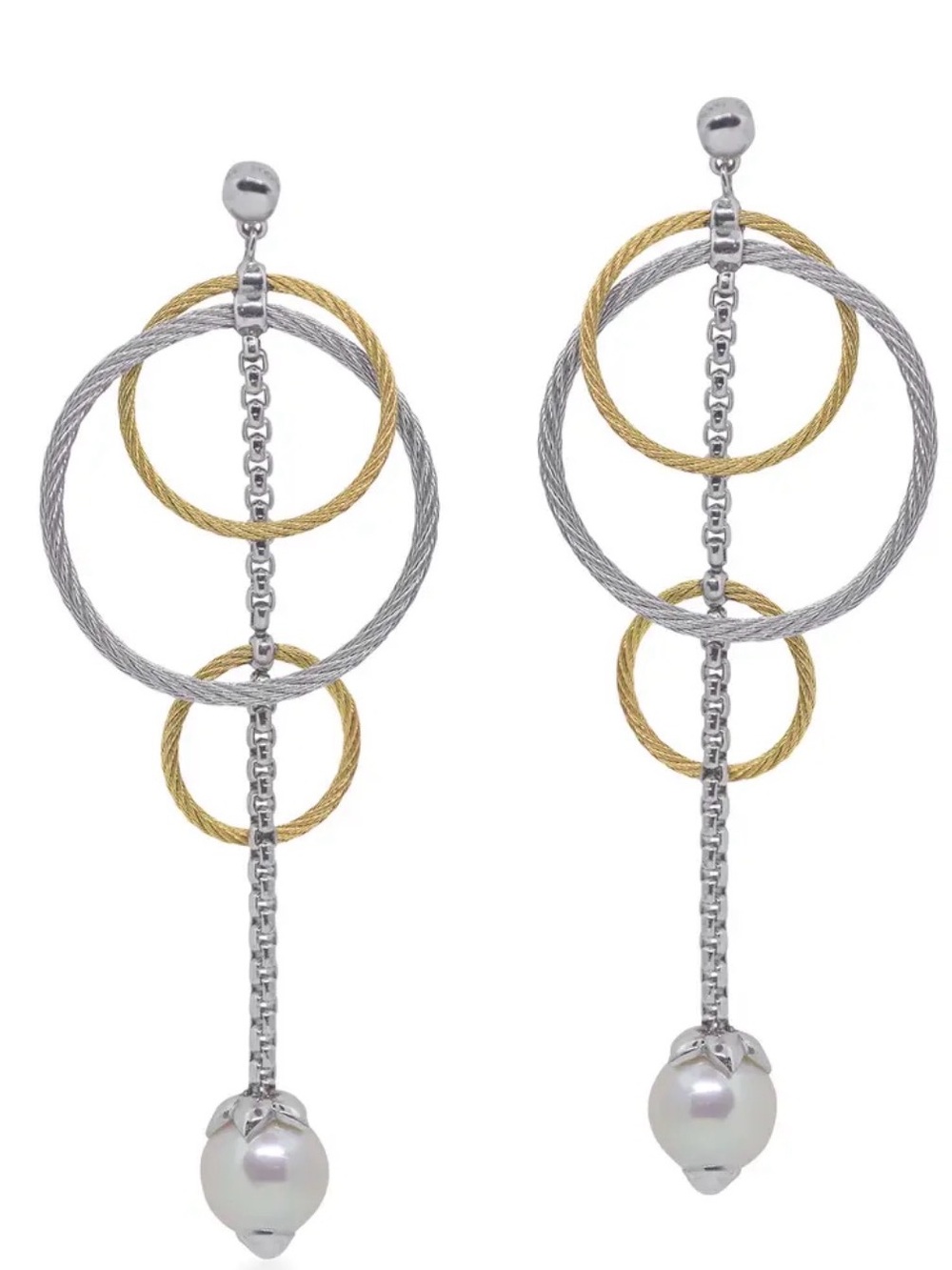 Two-Tone Hoop & Pearl Drop Earrings - Gold and Silver
